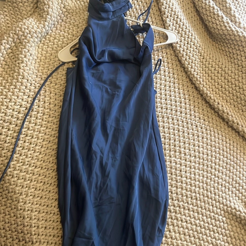 Higuy neck , scrappy back wedding guest dress floor length